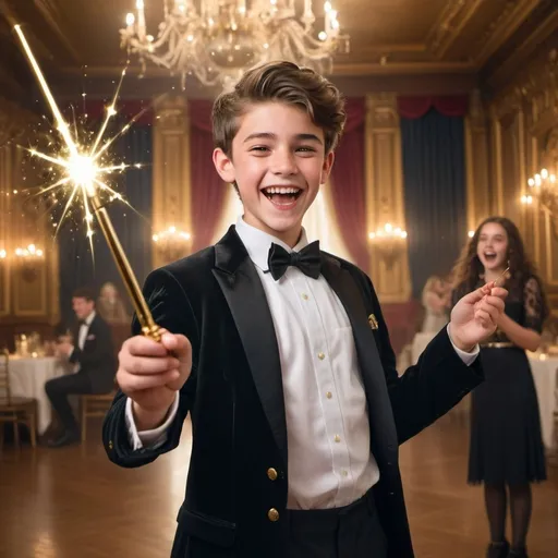 Prompt: Very handsome teenage boy in a tuxedo in a ball room waves and casts a gold sparkly magical spell with his magic wand while laughing and smiling in a silly evil way. His girlfriend in a collared shirt also is holding her magic wand but isn’t using it at the moment. She is laughing as well