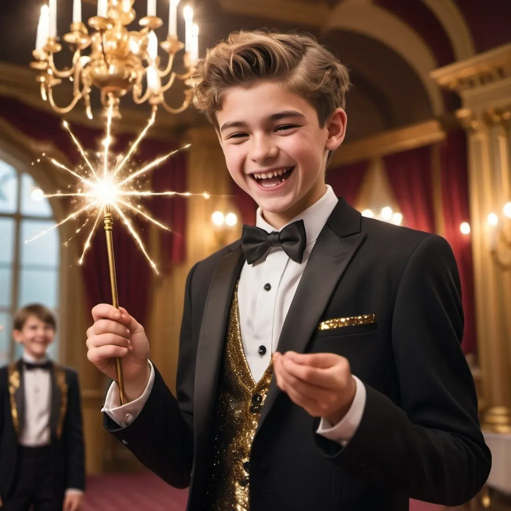 Prompt: Very handsome teenage boy in a tuxedo in a ball room waves and casts a gold sparkly magical spell with his magic wand while laughing and smiling in a silly evil way. His girlfriend in a collared shirt also is holding her magic wand but isn’t using it at the moment. She is laughing as well