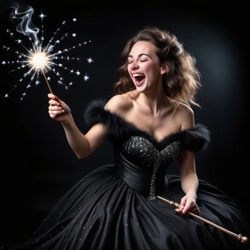 Prompt: evile woman in a black fluffy poofy and slightly sparkely ball gown casting a spell with her magic wand. she is laughuing eviley