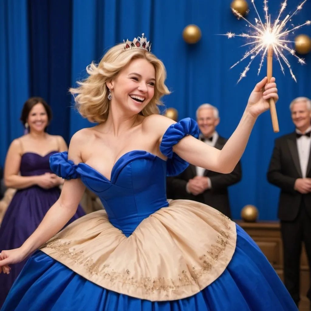 Prompt: Blond woman in a royal blue poofy ball gown waving her wooden magic wand around in her hand with a big smile on her face 