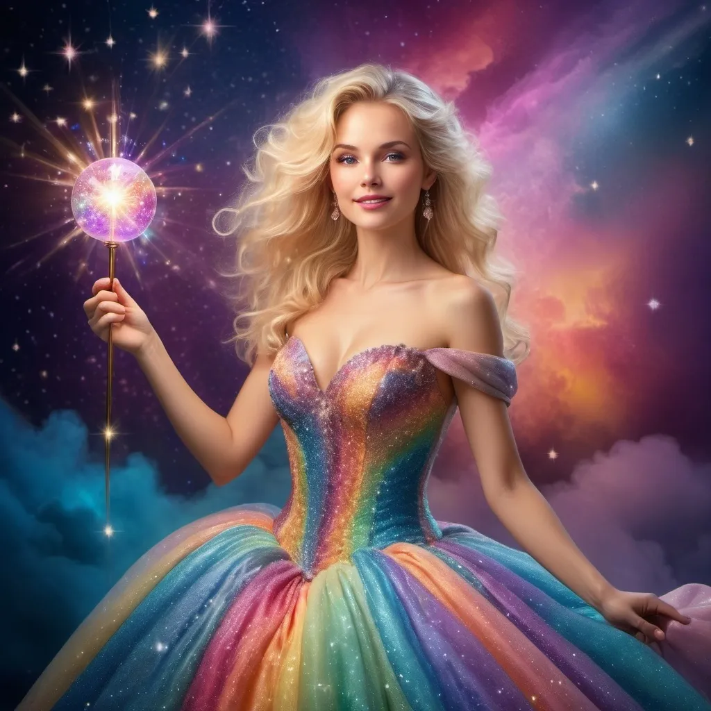 Prompt: Blond woman in a extremely poofy ball gown that is sparkly using her magic wand 