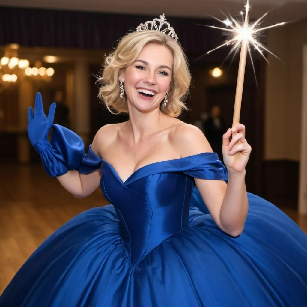 Prompt: Blond woman in a royal blue poofy ball gown waving her wooden magic wand around in her hand with a big smile on her face 