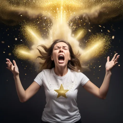 Prompt: Woman in a t shirt screaming as gold sparkly magic spews all around her. She is engulfed in a cloud of it