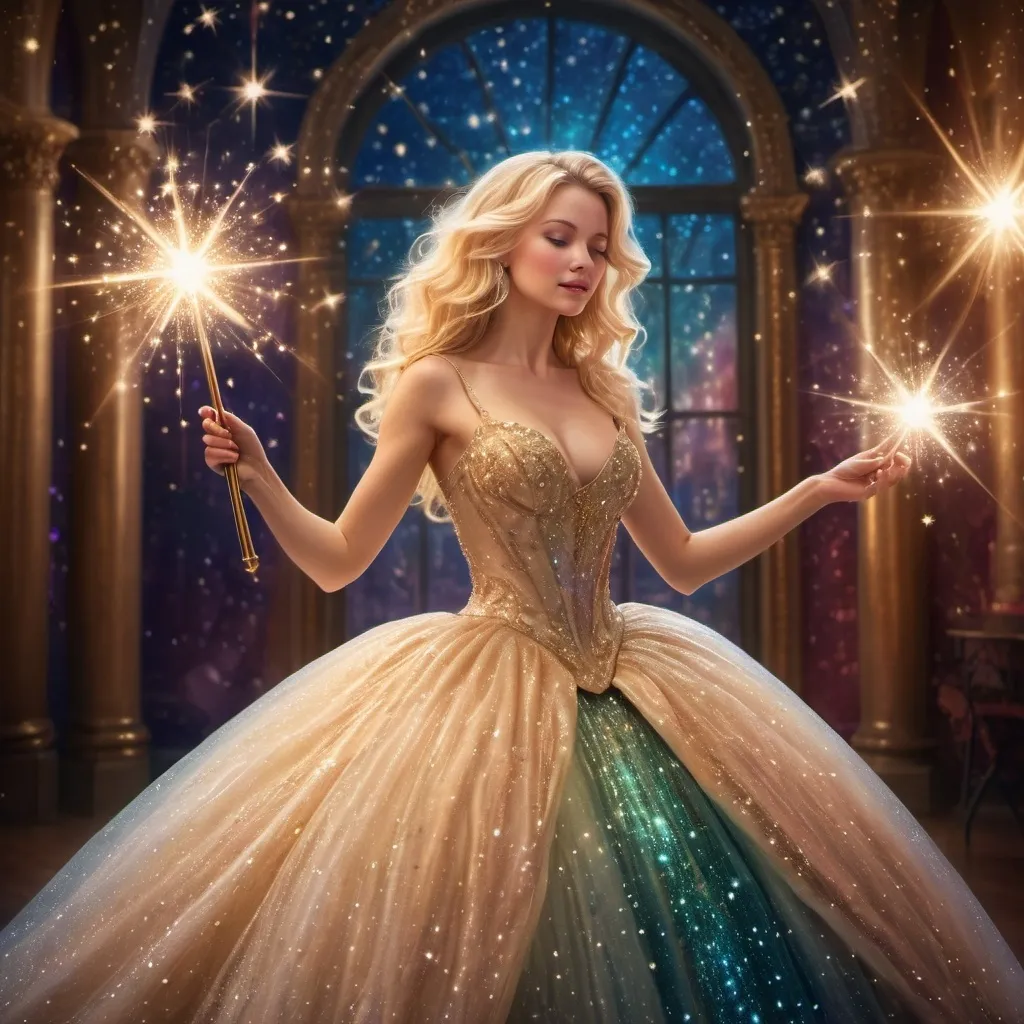 Prompt: Blond woman in a extremely poofy ball gown that is sparkly using her magic wand 