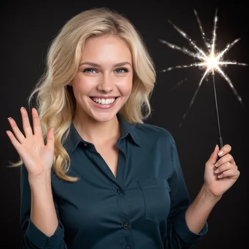 Prompt: Beautiful blond woman in a collared shirt with a big smile on her face as she holds and waves her magic wand