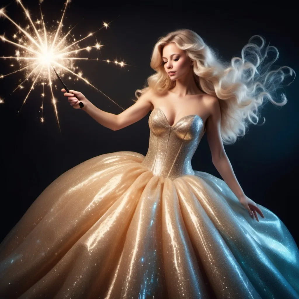 Prompt: Blond woman in a super poofy and sparkling ball gown. She is useing her magic wand to cast a spell