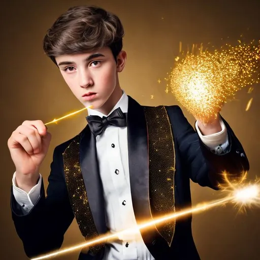 Prompt: High school boy in a tuxedo waveing his magic wand in a threatening manner. Gold sparkly magic is just starting to form on the tip of his wand