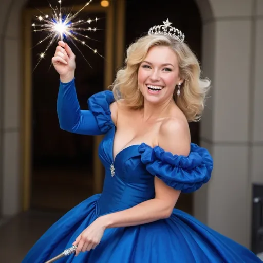 Prompt: Blond woman in a royal blue poofy ball gown waving her magic wand around in her hand with a big smile on her face 