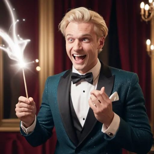 Prompt: Very handsome blond man in a tuxedo casts a spell with his magic wand at a man in a fancy sweater in the ball room and is laughing. The man in the sweater is scare of the magic