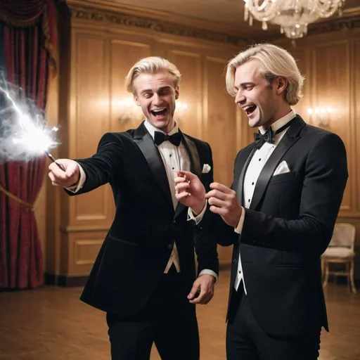 Prompt: Very handsome blond man in a tuxedo casts a spell with his magic wand at a man in a fancy sweater in the ball room. The man in the tuxedo with the magic wand is laughing. The man in the sweater is scare of the magic