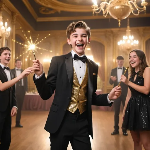 Prompt: Very handsome teenage boy in a tuxedo in a ball room waves and casts a gold sparkly magical spell with his magic wand while laughing and smiling in a silly evil way. His girlfriend is in a collared shirt also and is holding her magic wand but isn’t using it at the moment. She is laughing as well. The couple are next to each other 