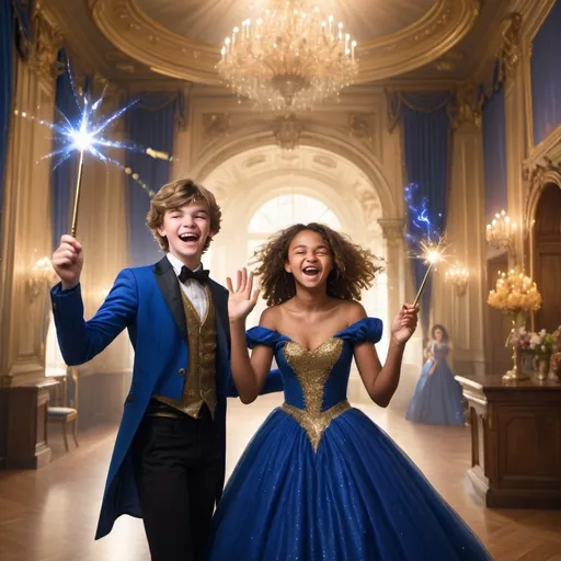 Prompt: Very handsome teenage boy in a collared shirt in a ball room waves and casts a gold sparkly magical spell with his magic wand while laughing and smiling in a silly evil way. His girlfriend in a very poofy royal blue ball gown also is holding her magic wand but isn’t using it at the moment. She is laughing as well