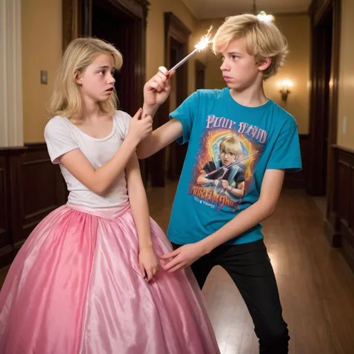 Prompt: Blond 15 year old girl in a poofy ball gown in a ball room holding her magic wand at a 14 year old boy in a t shirt in a threatening manner. The boy is scared