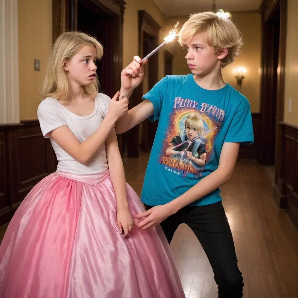 Prompt: Blond 15 year old girl in a poofy ball gown in a ball room holding her magic wand at a 14 year old boy in a t shirt in a threatening manner. The boy is scared