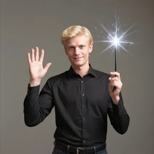 Prompt: Blond man in a collared shirt waving his magic wand