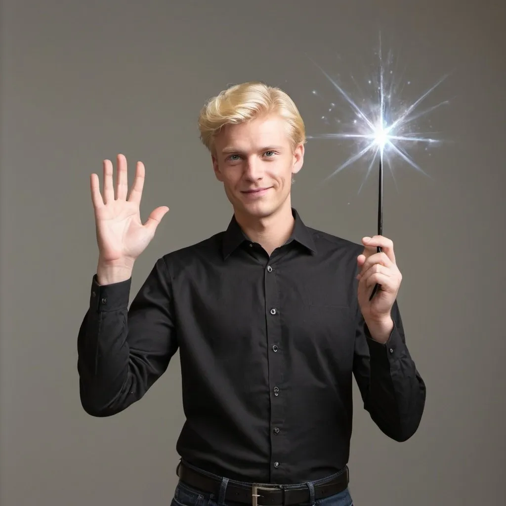 Prompt: Blond man in a collared shirt waving his magic wand