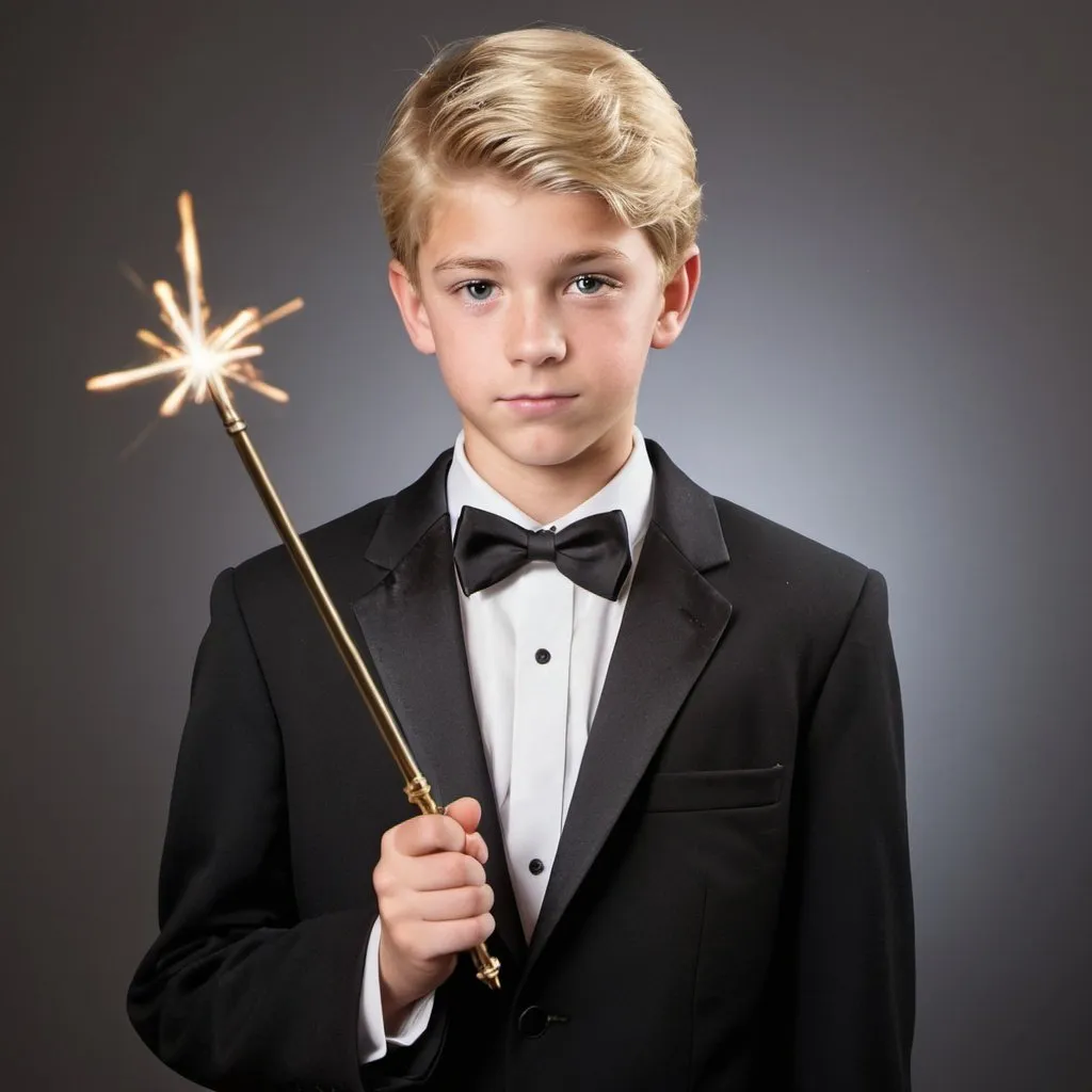 Prompt: Blond teenage boy in a tuxedo holding his magic wand in his year book photo