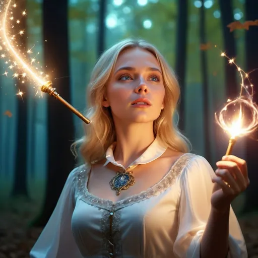 Prompt: Blond woman in a collared useing her magic wand to cast a spell