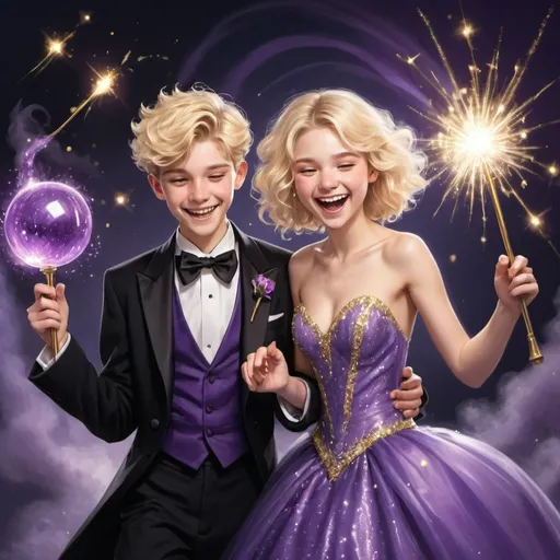 Prompt: Blond 16 year old boy in a tuxedo and his girlfriend purple sparkly poofy ball gown are both waveing there magic wands and laughing as they cast gold sparkly magic spells