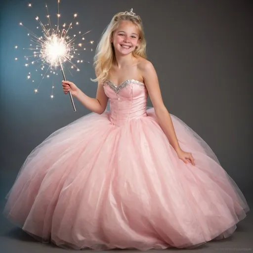 Prompt: Blond 14 year old girl in a poofy ball gown with a big smile using her magic wand