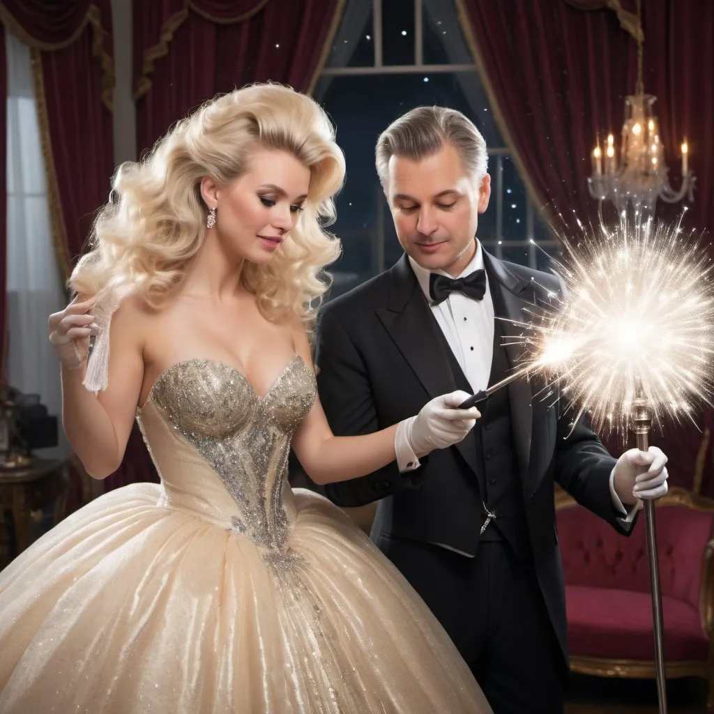 Prompt: Blond woman in an extremely poofy ball gown that is sparkly using her magic wand. Her husband in his tuxedo is using his magic wand