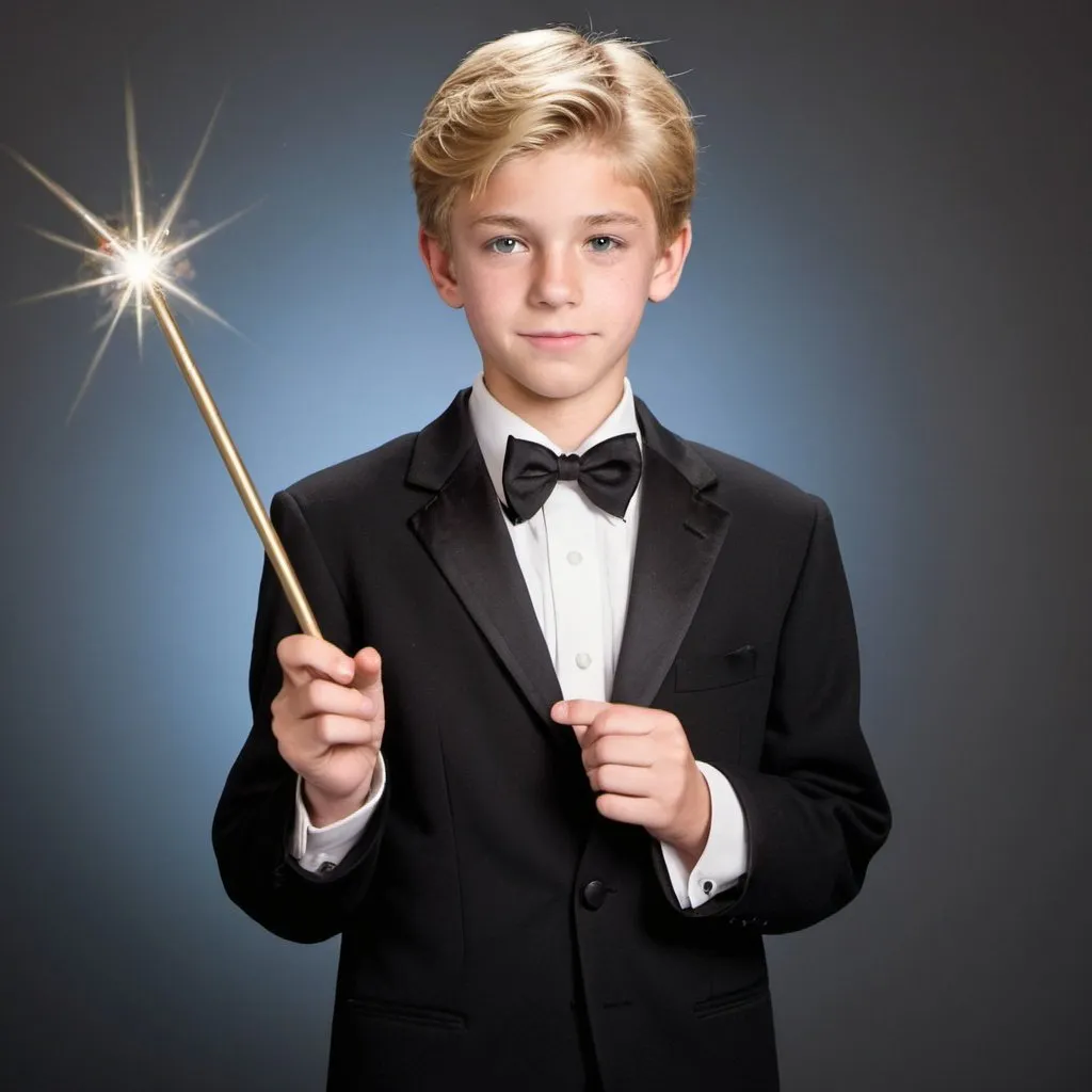 Prompt: Blond teenage boy in a tuxedo holding his magic wand in his year book photo