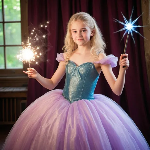 Prompt: Blond 14 year old girl in a poofy ball gown holding her magic wand and waving it to cast a spell