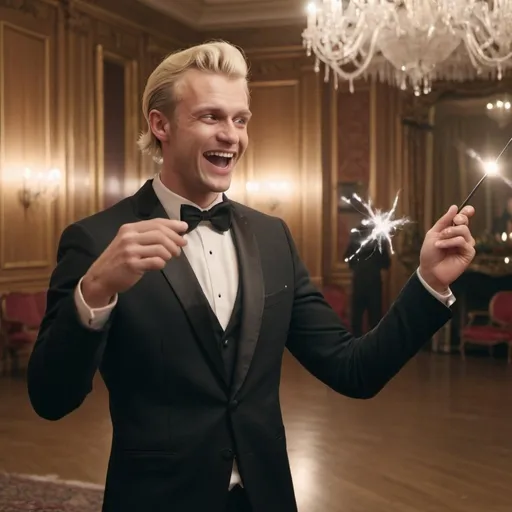 Prompt: Very handsome blond man in a tuxedo casts a spell with his magic wand at a man in a fancy sweater in the ball room. The man in the tuxedo with the magic wand is laughing. The man in the sweater is scare of the magic