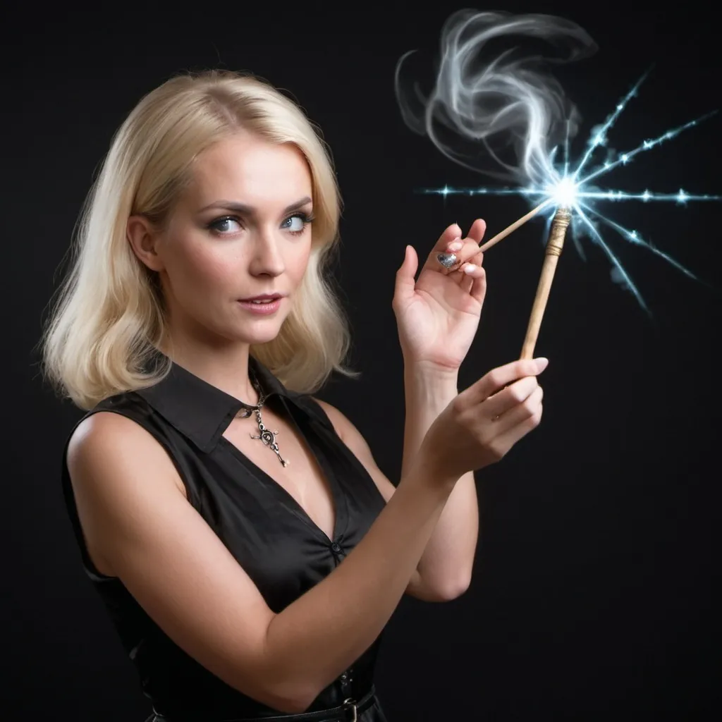 Prompt: Blond woman in a collared useing her magic wand to cast a spell