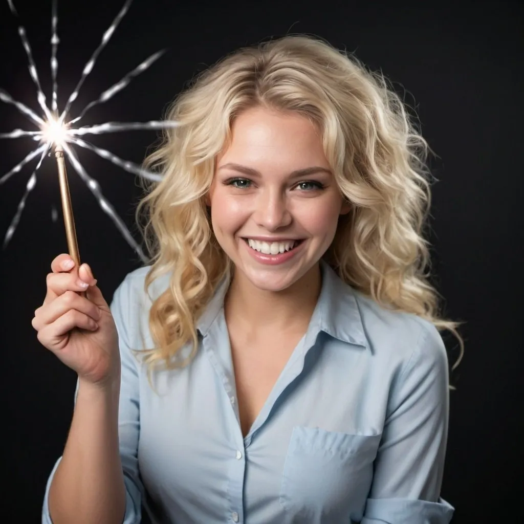 Prompt: Beautiful blond woman with wavy hair in a collared shirt with a big smile on her face as she holds and waves her magic wand