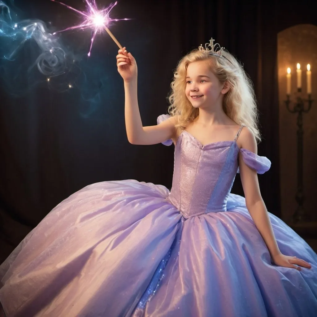 Prompt: Blond 14 year old girl in a poofy ball gown holding her magic wand and waving it to cast a spell