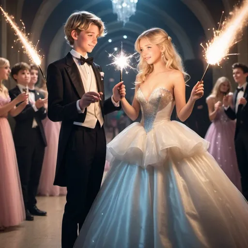 Prompt: Blonde girl in a poofy ball gown holding her magic wand and a blond boy in a tuxedo holding his magic wand at prom. The boys face lights up as he’s waveing his wand and casting a spell