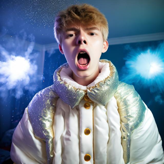 Prompt: 16 year old boy on his bed in his room screaming and wareing a white boton up shirt with a giant puffy collar that has gold sparkly magic particles spewing all around his collar.