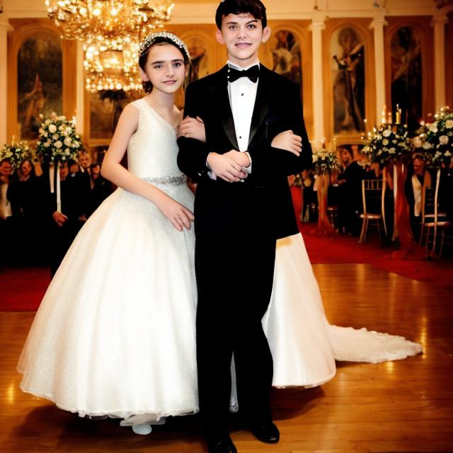 Prompt: 14 year old boy in a tuxedo and a 14 year old girl in a big puffy sparkly ball gown getting married 