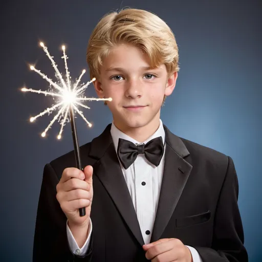 Prompt: Blond teenage boy in a tuxedo holding his magic wand in his year book photo