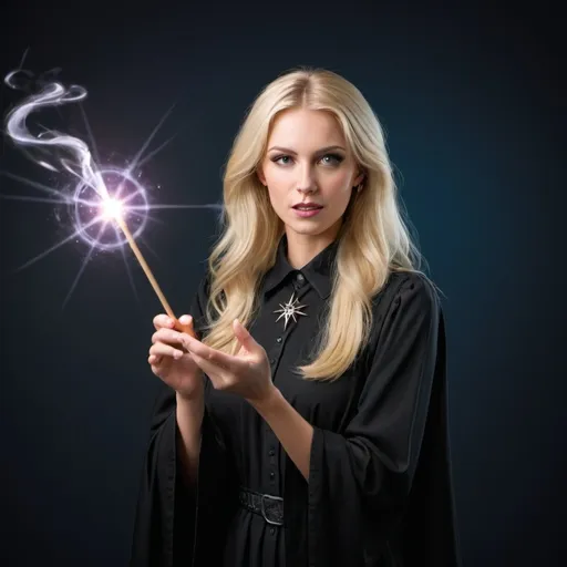 Prompt: Blond woman in a collared useing her magic wand to cast a spell