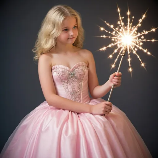 Prompt: Blond 14 year old girl in a poofy ball gown with her magic wand in her hand