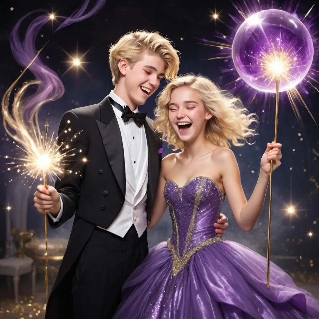 Prompt: Blond 16 year old boy in a tuxedo and his girlfriend purple sparkly poofy ball gown are both waveing there magic wands and laughing as they cast gold sparkly magic spells