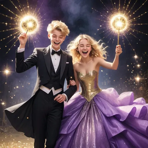 Prompt: Blond 16 year old boy in a tuxedo and his girlfriend purple sparkly poofy ball gown are both waveing there magic wands and laughing as they cast gold sparkly magic spells