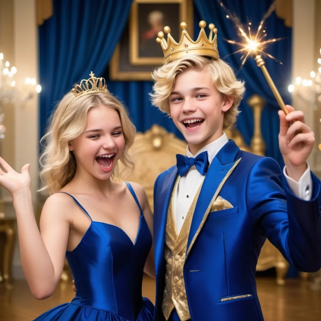 Prompt: Very handsome blond teenage boy in a royal blue silk tuxedo with a crown on his head in a ball room waves and casts a gold sparkly magical spell with his magic wand while laughing and smiling in a silly evil way. His girlfriend in a very poofy royal blue silk ball gown also is holding her magic wand but isn’t using it at the moment. She is laughing as well