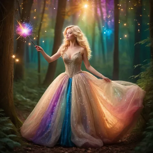 Prompt: Blond woman in a poofy ball gown using her magic wand 