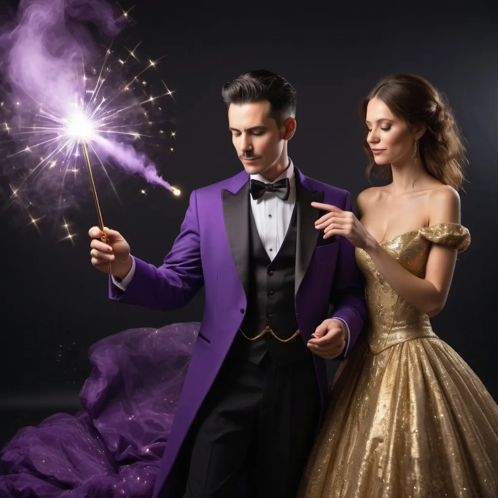 Prompt: Man in a tuxedo casting a spell with his magic wand. His wife is in an extremely poofy and sparkling purple ball gown and is useing her magic wand. The spells are sparkling and gold