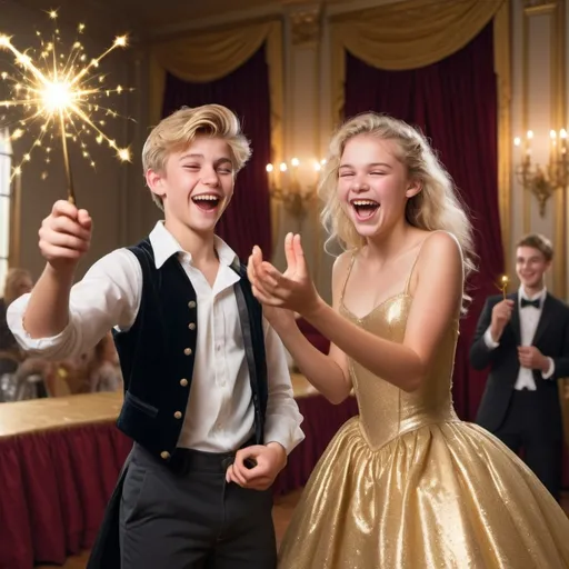 Prompt: Very handsome blond teenage boy in a collared shirt in a ball room waves and casts a gold sparkly magical spell with his magic wand while laughing and smiling in a silly evil way. His girlfriend in a very poofy ball gown also is holding her magic wand but isn’t using it at the moment. She is laughing as well