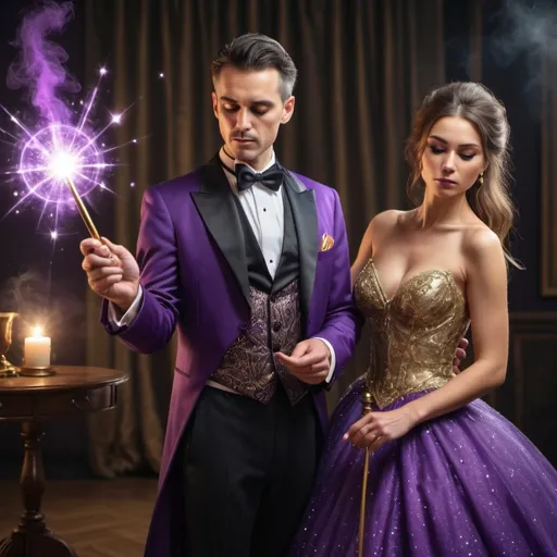 Prompt: Man in a tuxedo casting a spell with his magic wand. His wife is in an extremely poofy and sparkling purple ball gown and is useing her magic wand. The spells are sparkling and gold