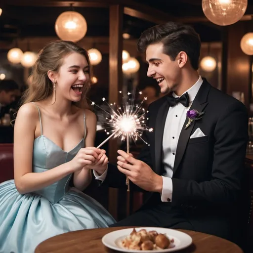 Prompt: Girl and her boyfriend on a date at a restaurant. He is in a tuxedo and she’s in a poofy ball gown. They are casting spells with their magic wands and there laughing 