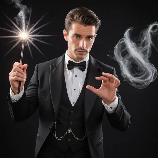 Prompt: Very handsome man in a tuxedo casting a spell with his magic wand