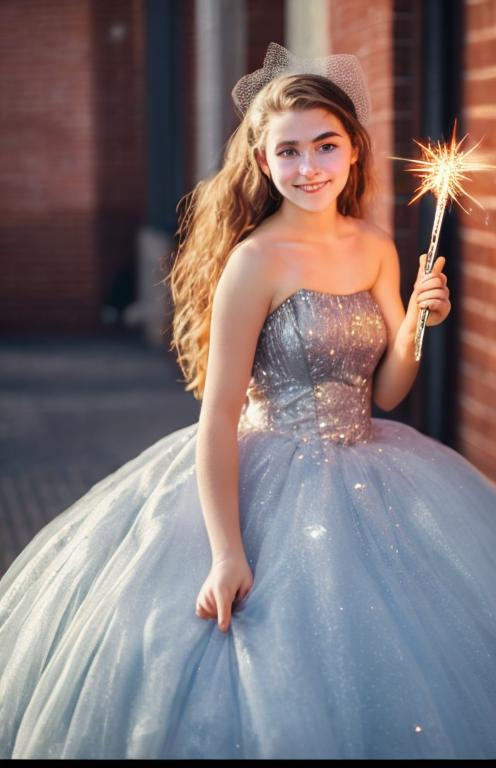 Prompt: American High school age girl in her really big and puffy sparkly ball gown holding her magic wand