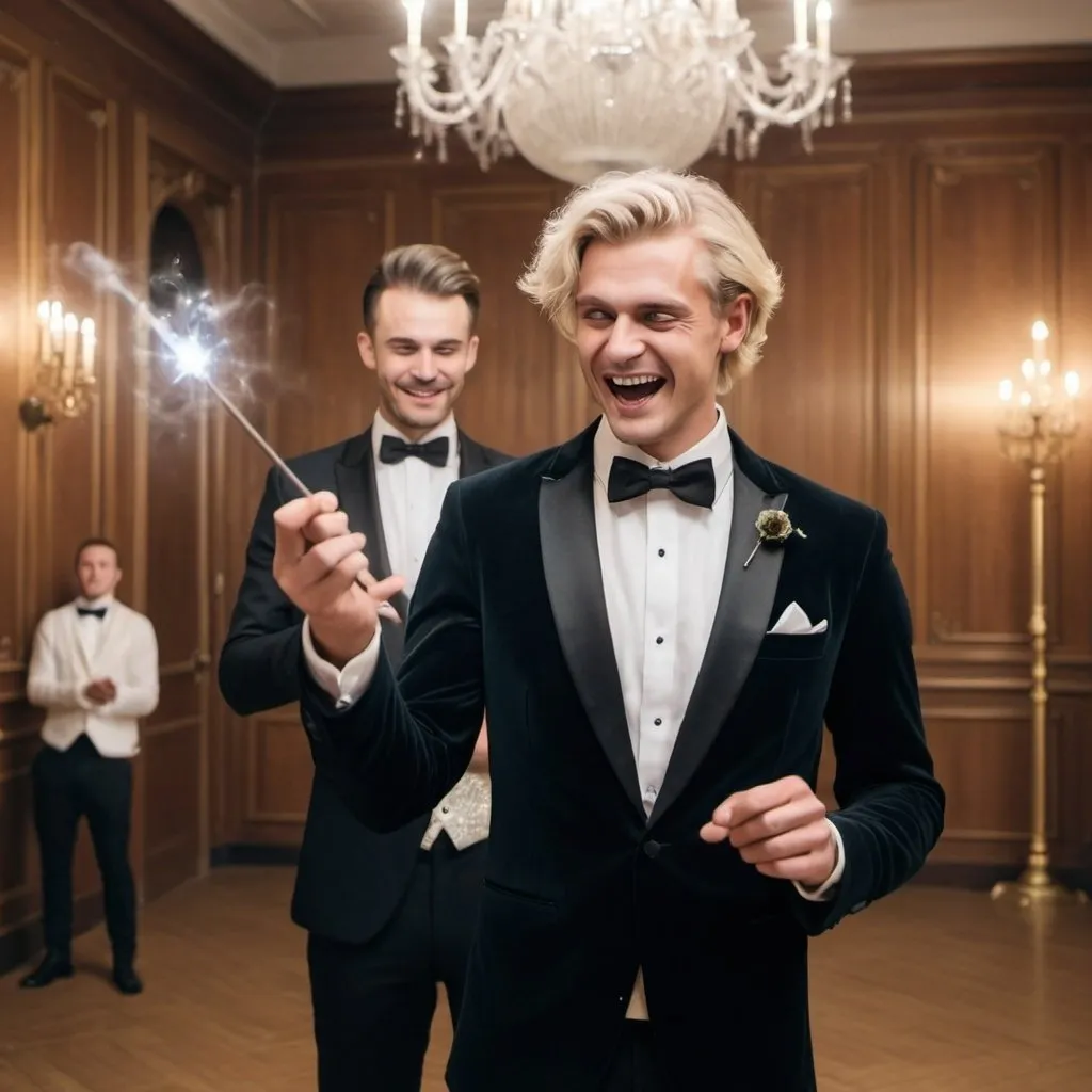 Prompt: Very handsome blond man in a tuxedo casts a spell with his magic wand at a man in a fancy sweater in the ball room. The man in the tuxedo with the magic wand is laughing. The man in the sweater is scare of the magic