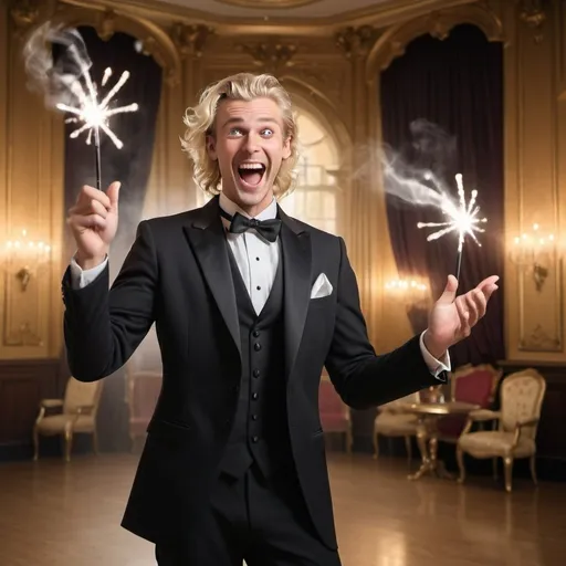 Prompt: Very handsome blond man in a tuxedo in a ball room waves and casts a spell with his magic wand while laughing and smiling in a silly evil way 