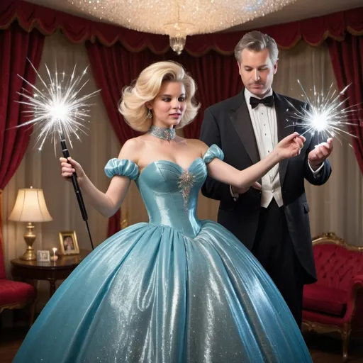 Prompt: Blond woman in an extremely poofy ball gown that is sparkly using her magic wand. Her husband in his tuxedo is using his magic wand. There son in his collared shirt with his popped collar is also using his magic wand